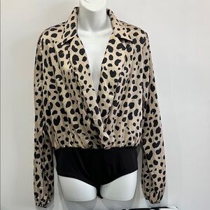 Chic Fashion Nova Leopard Print Long Sleeve Thong Bodysuit, Size Extra Large